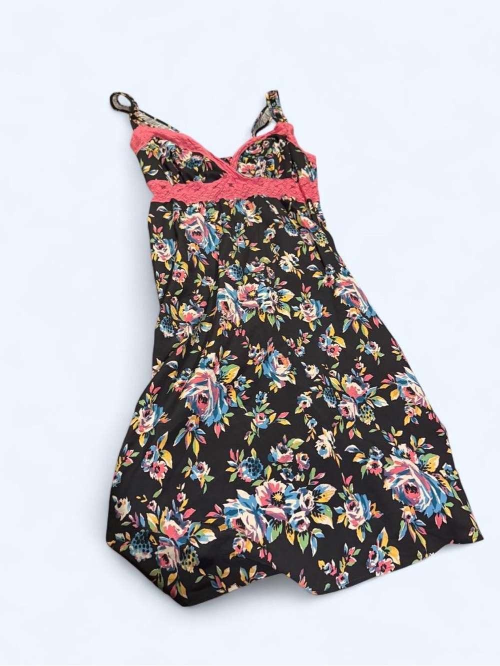 Betsey Johnson Floral Lace-Trim Slip Dress - Black with Pink Lace